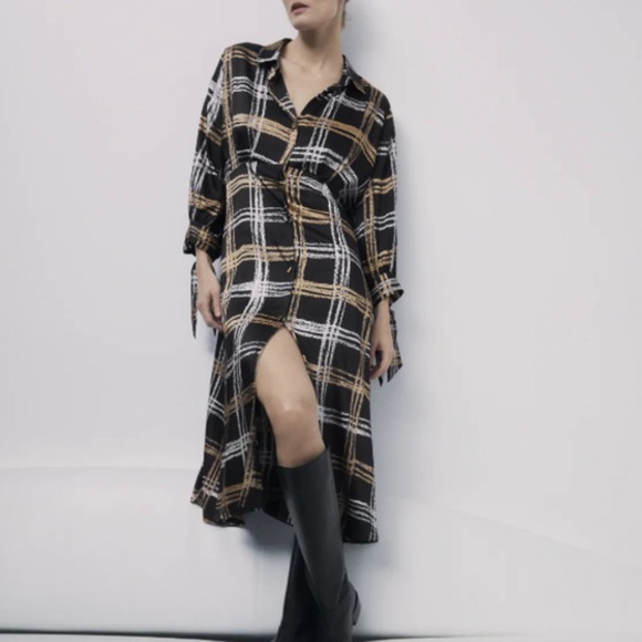 New Zara ZARA PLAID SHIRT DRESS TIE CUFF - Picture 2 of 13